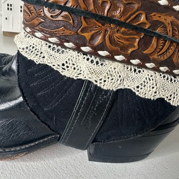 Abilene Boho Western Ankle Boots Black Brown Leather Belted Cowgirl Women’s 8.5 - Picture 4 of 10